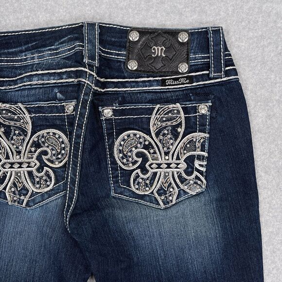 Miss Me Jeans Womens 27 (28 x 34) Boot Cut Dark Denim Distressed Rhinestones - Picture 1 of 14